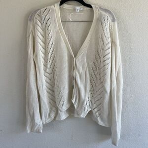 J Jill Womens Ivory Pointelle Cardigan Sweater Sz M Linen Blend Button Front